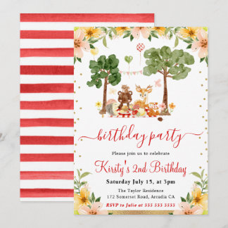 Watercolor Woodland Animals Picnic Geburtstag Einladung