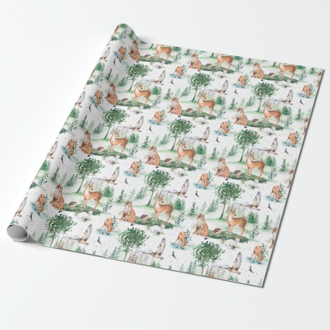 Watercolor Woodland Baby Animal Muster Geschenkpapier (Ungerollt)