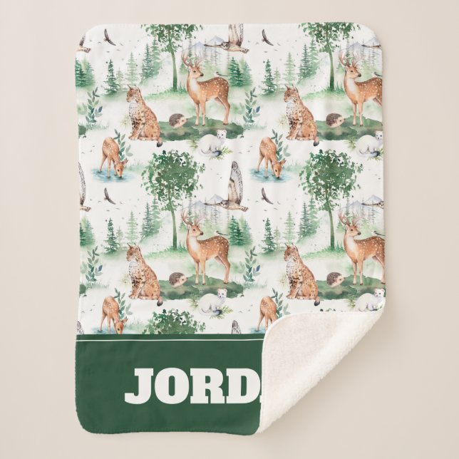 Watercolor Woodland Baby Animal Muster Sherpadecke (Vorderseite)