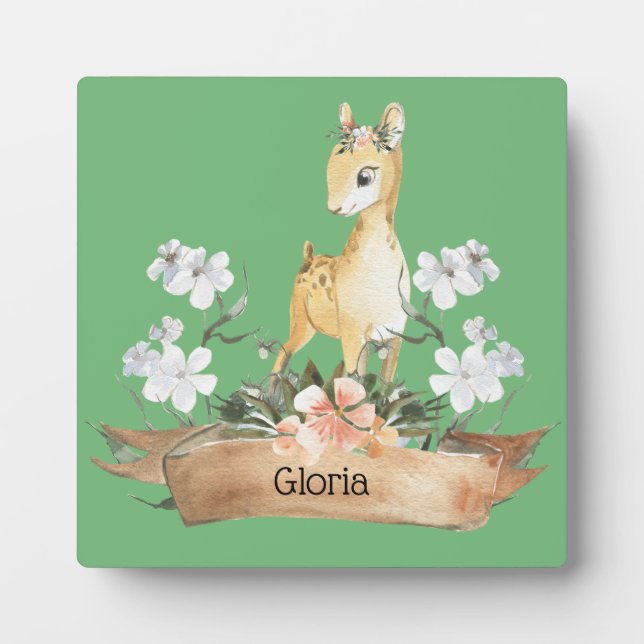 Watercolor Woodland Baby Fawn Individuelle Name Fotoplatte (Vorderseite)