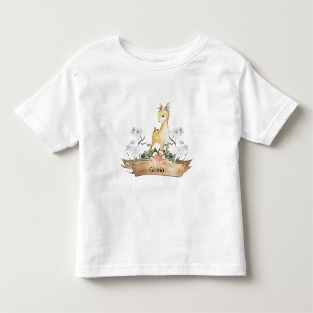Watercolor Woodland Baby Fawn Individuelle Name Kleinkind T-shirt (Vorderseite)
