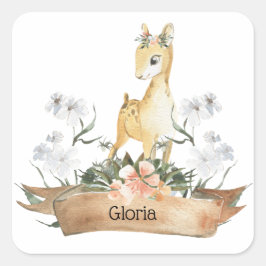 Watercolor Woodland Baby Fawn Individuelle Name Quadratischer Aufkleber