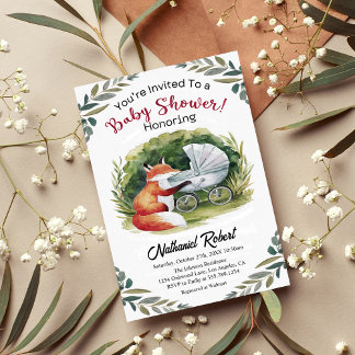 Watercolor Woodland Baby Fox Boy Dusche Einladung