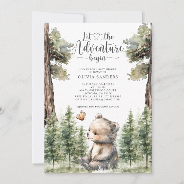 Watercolor Woodland Bear Baby Dusche Einladung (Vorderseite)