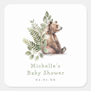 Watercolor Woodland Bear Baby Dusche Quadratischer Aufkleber