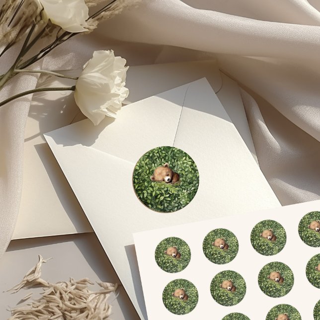 Watercolor Woodland Bear Neutral Baby Dusche Runder Aufkleber (Von Creator hochgeladen)