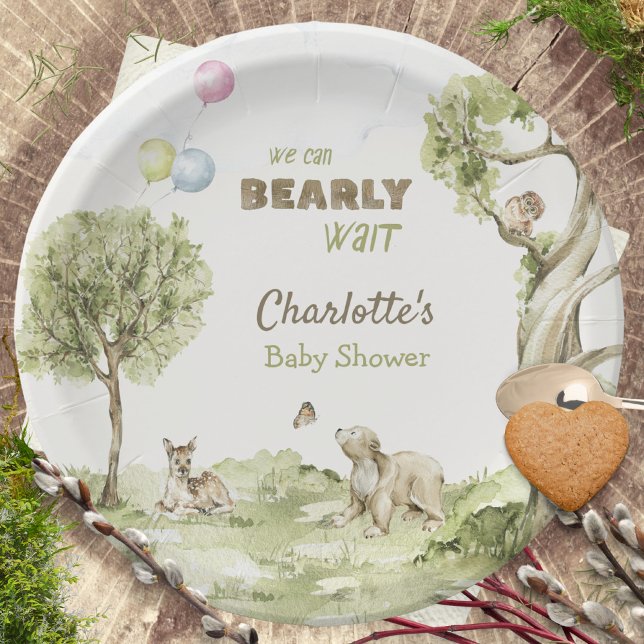Watercolor Woodland Bearly Wait Forest Theme Pappteller (Watercolor Woodland Bearly Wait Baby Shower Napkins ©Susanne Sachers - Sunny Mind 🌞)