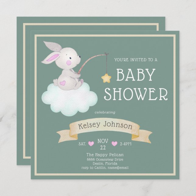 Watercolor Woodland Bunny Sage Green Baby Dusche Einladung (Vorne/Hinten)