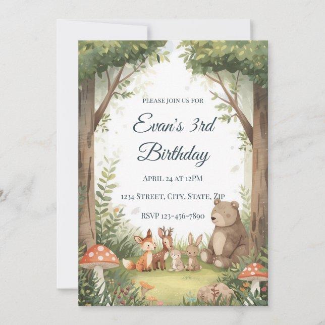 Watercolor Woodland Creatures Birthday Invite Einladung (Vorderseite)