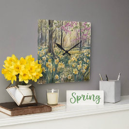 Watercolor Woodland Daffodils Blossoms Quadratische Wanduhr