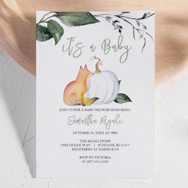 Watercolor Woodland Einzigartige Kinderdusche Einl Einladung (Autumn-themed baby shower invites woodland fox and white pumpkin gender neutral)