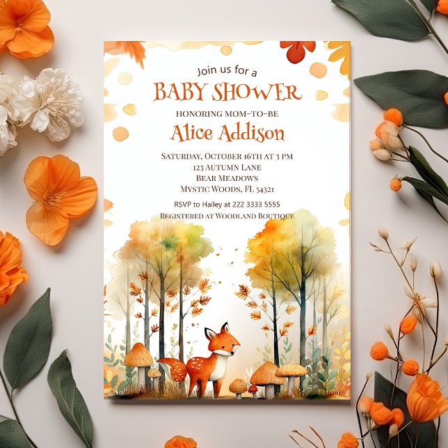 Watercolor Woodland Forest Autumn Fox Babydusche Einladung (Von Creator hochgeladen)