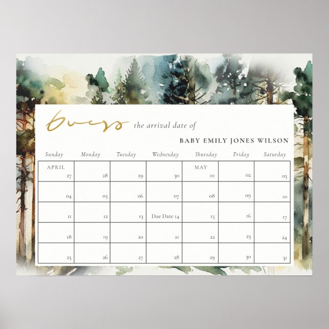 Watercolor Woodland Forest Guest Baby Due Date Poster (Vorne)