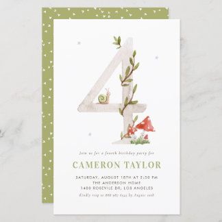 Watercolor Woodland Fourth Birthday Invitation