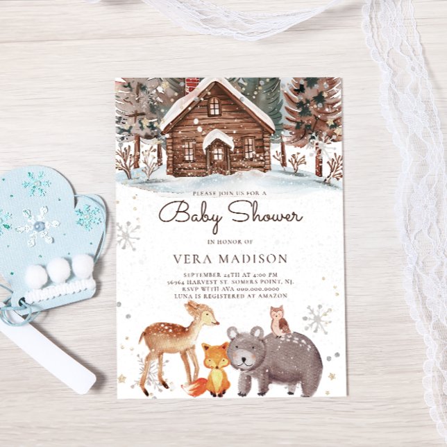 Watercolor Woodland House Schnee Winter Baby Dusch Einladung (Von Creator hochgeladen)