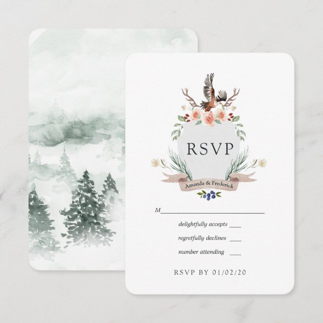 Watercolor Woodland Laurel Wappen Hochzeit RSVP Karte (Vorne/Hinten)
