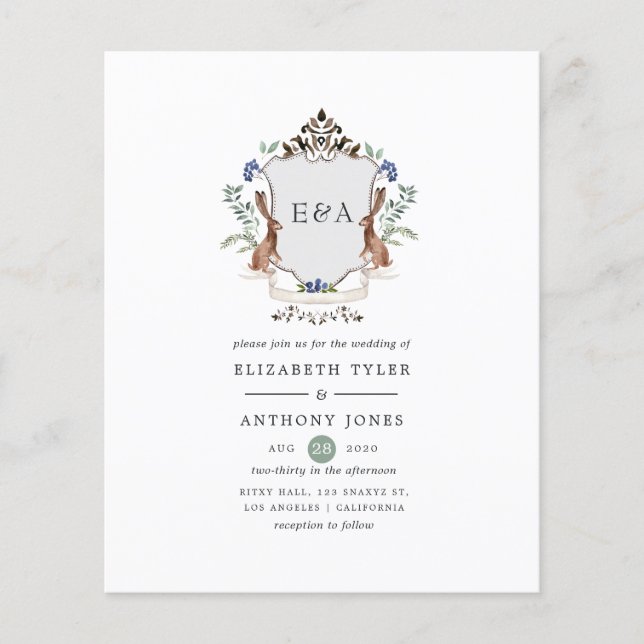 Watercolor Woodland Laurel Wappen Monogram Wedding Flyer (Vorne)