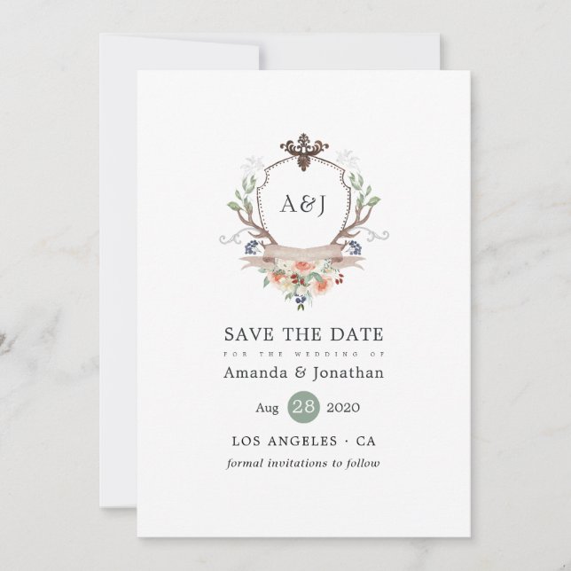 Watercolor Woodland Laurel Wappen Monogram Wedding Save The Date (Vorderseite)