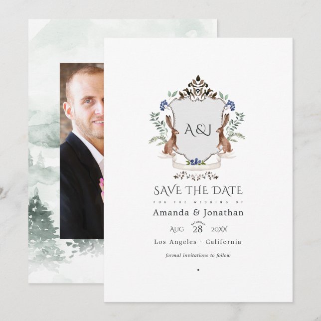 Watercolor Woodland Laurel Wappen Monogram Wedding Save The Date (Vorne/Hinten)