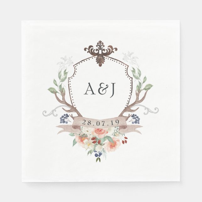 Watercolor Woodland Laurel Wappen Monogram Wedding Serviette (Vorderseite)