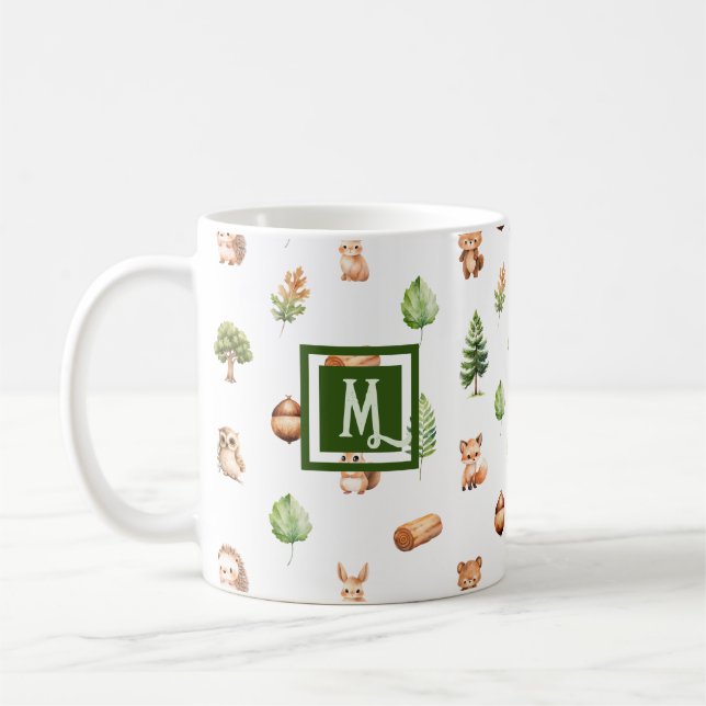 Watercolor Woodland Modern Monogram Kaffeetasse (Links)