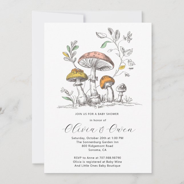 Watercolor Woodland Mushrooms Baby Shower Einladung (Vorderseite)