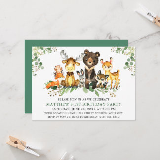 Watercolor Woodland Tiere zum ersten Geburtstag Einladung