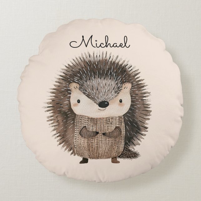 Watercolor Woodland Tierische Igel Personalisiert Rundes Kissen (Vorderseite)