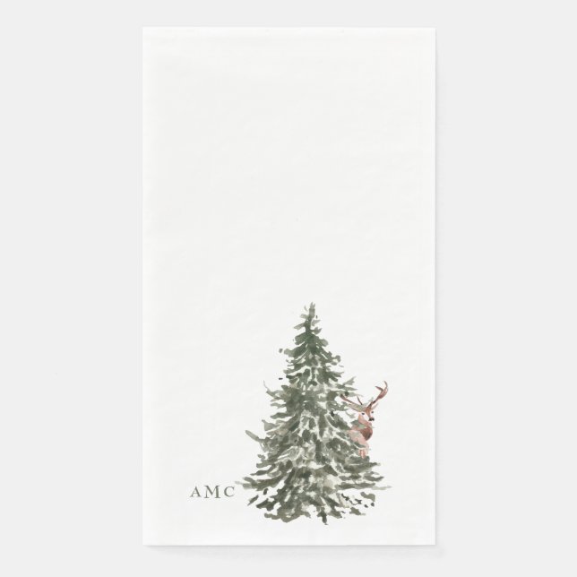 Watercolor Woodland Tree & Deer Monogram Christmas Serviette (Vorderseite)