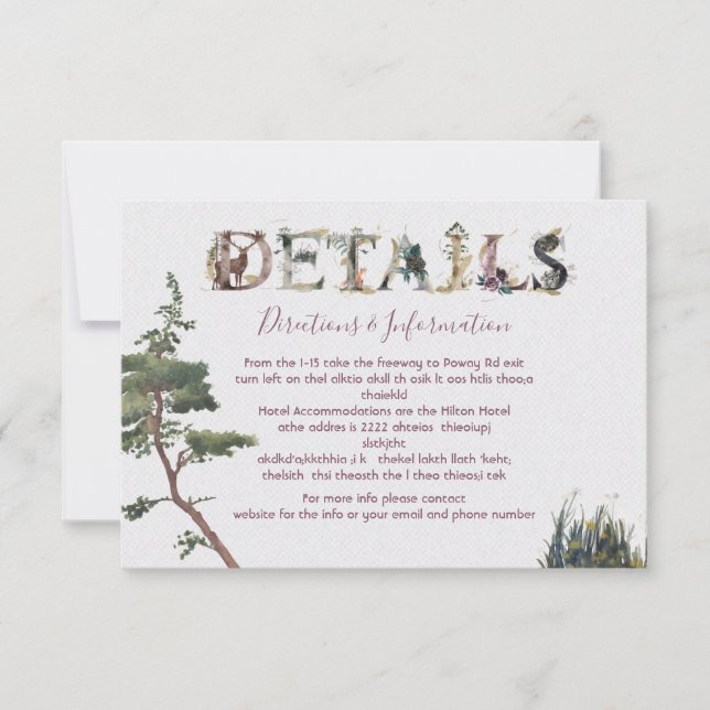 Watercolor Woodland Wedding Details und Infokarte RSVP Karte (Vorderseite)