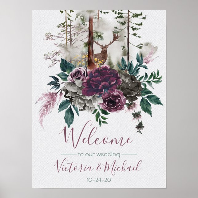 Watercolor Woodland Wedding Willkommenszeichen Poster (Vorne)
