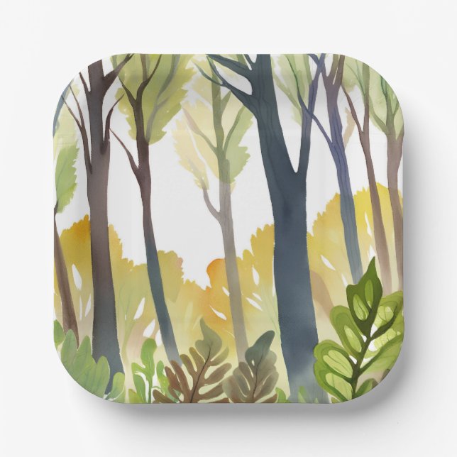Watercolor Woods | Grüne Naturwaldmalerei Pappteller (Vorderseite)