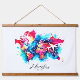 Watercolor World Map Tapestes Wandteppich Mit Holzrahmen