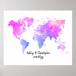 Watercolor World Map Wedding Guest Book Fun Poster