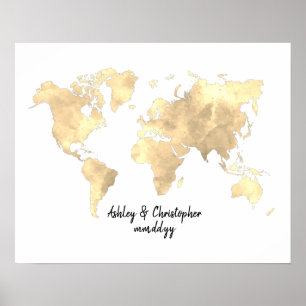 Watercolor World Map Wedding Guest Book Poster Art