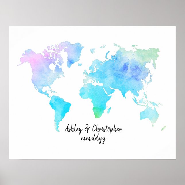 Watercolor World Map Wedding Guest Book Print Poster (Vorne)