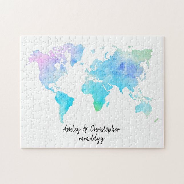 Watercolor World Map Wedding Guest Book Puzzle (Horizontal)