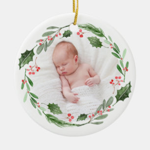 Watercolor Wreath Baby's First Christmas Foto Keramik Ornament