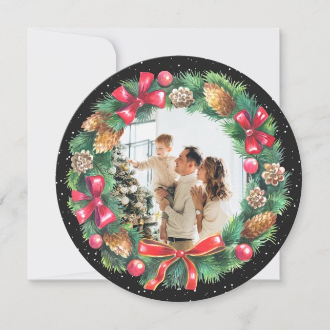 Watercolor Wreath Black Foto Weihnachten (Vorderseite)