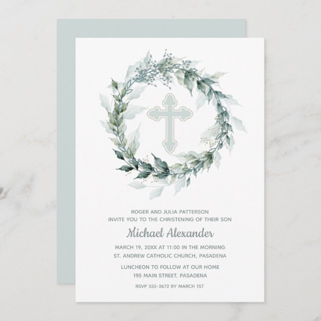 Watercolor Wreath Blue Christening Einladung (Vorne/Hinten)