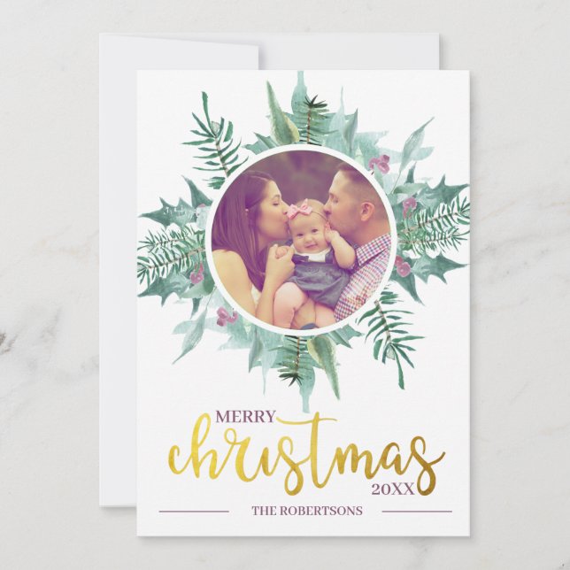 Watercolor Wreath Foto Gold Frohe Weihnachten (Vorderseite)
