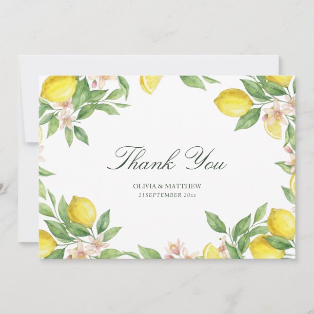 Watercolor Wreath Mediterranean Citrus Wedding Dankeskarte (Vorderseite)