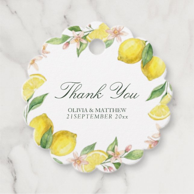 Watercolor Wreath Mediterranean Citrus Wedding Geschenkanhänger (Vorderseite)