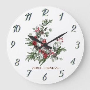 Watercolor Wreath Red Cardinal Christmas   Große Wanduhr