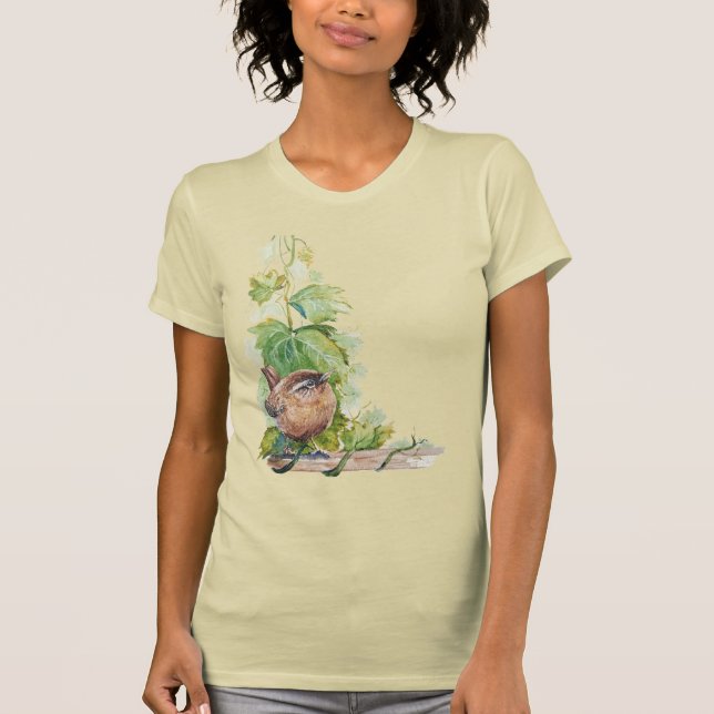 Watercolor Wren Bird Vineyard Grapes Leaves Winery T-Shirt (Vorderseite)