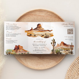 Watercolor Wüste Mountain Cactus QR Code Wedding Dreifach Gefaltete Einladung