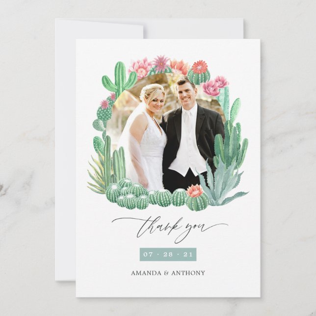 Watercolor Wüstensukkulente Hochzeitssalgen Foto Dankeskarte (Vorderseite)