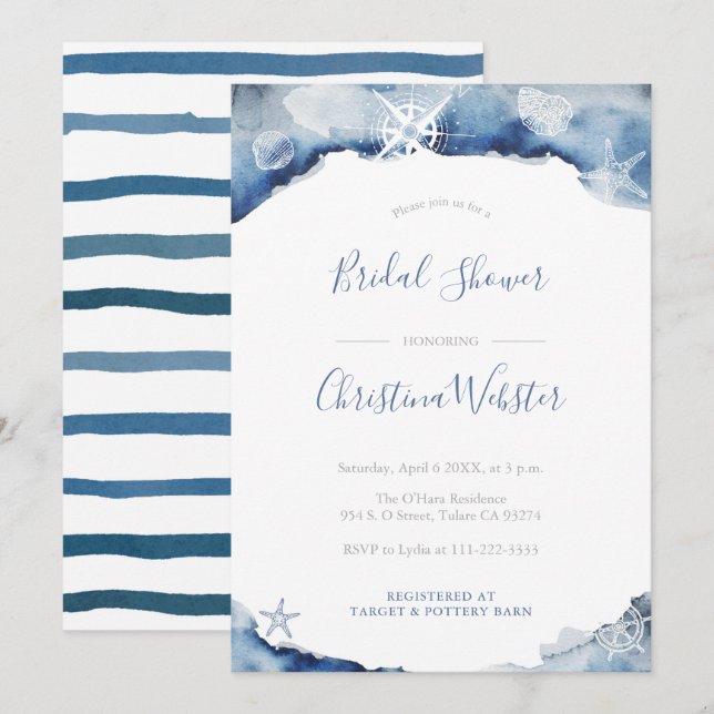 Watercolor Yachting Indigo Grau Brautparty Einladung (Vorne/Hinten)