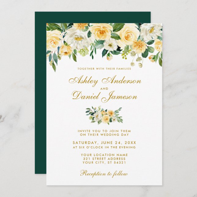 Watercolor Yellow Gold Hunter Green Wedding Einladung (Vorne/Hinten)