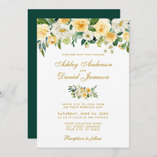 Watercolor Yellow Gold Hunter Green Wedding Einladung